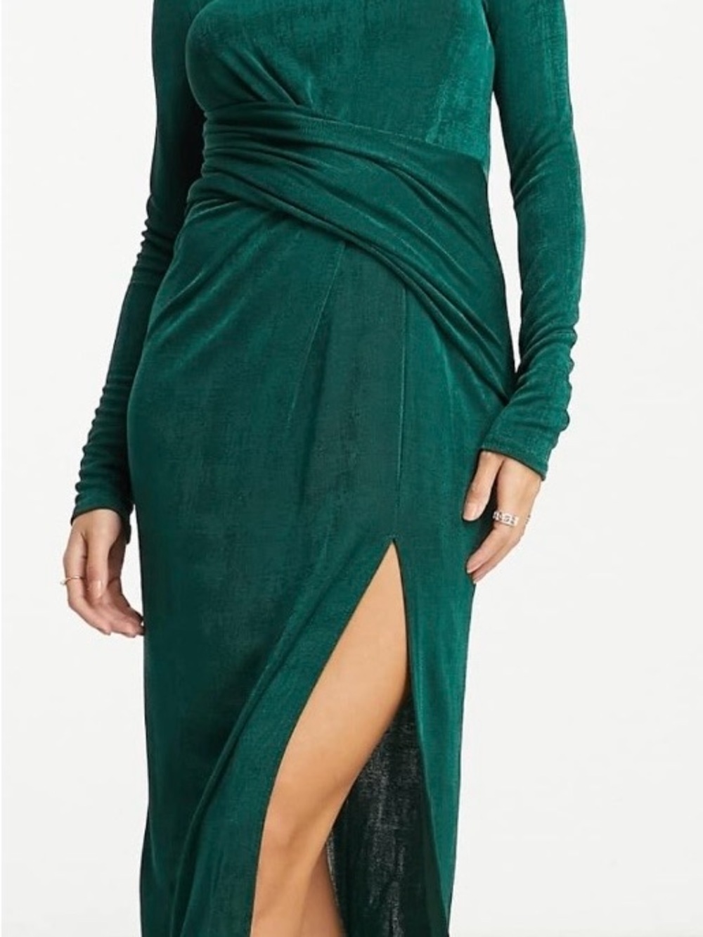 ASOS Design Long Sleeve Slinky Drape Front Midi Dress in Emerald